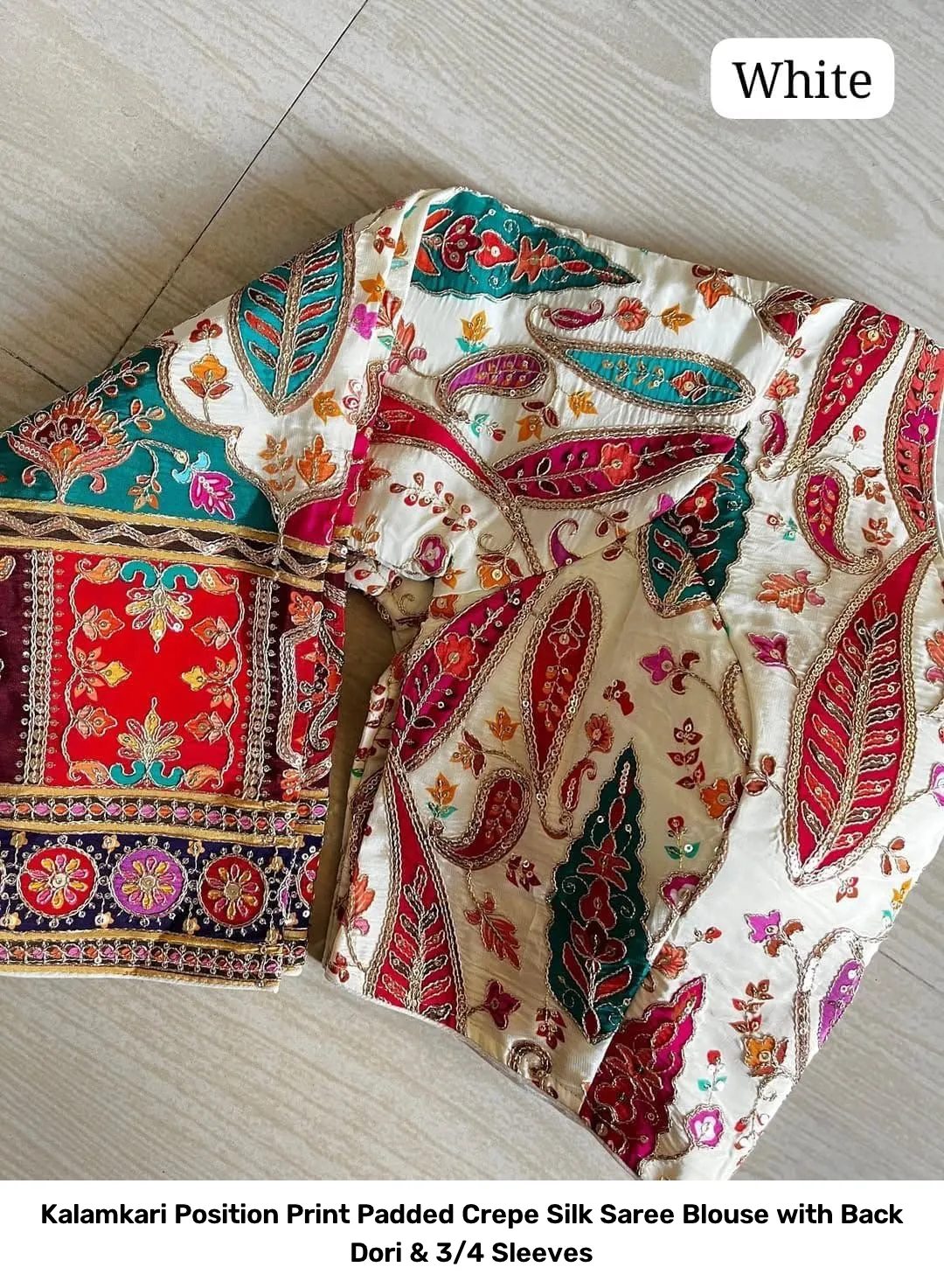 Kalamkari Position Print Padded Crepe Silk Saree Blouse with Back Dori & 3/4 Sleeves 11
