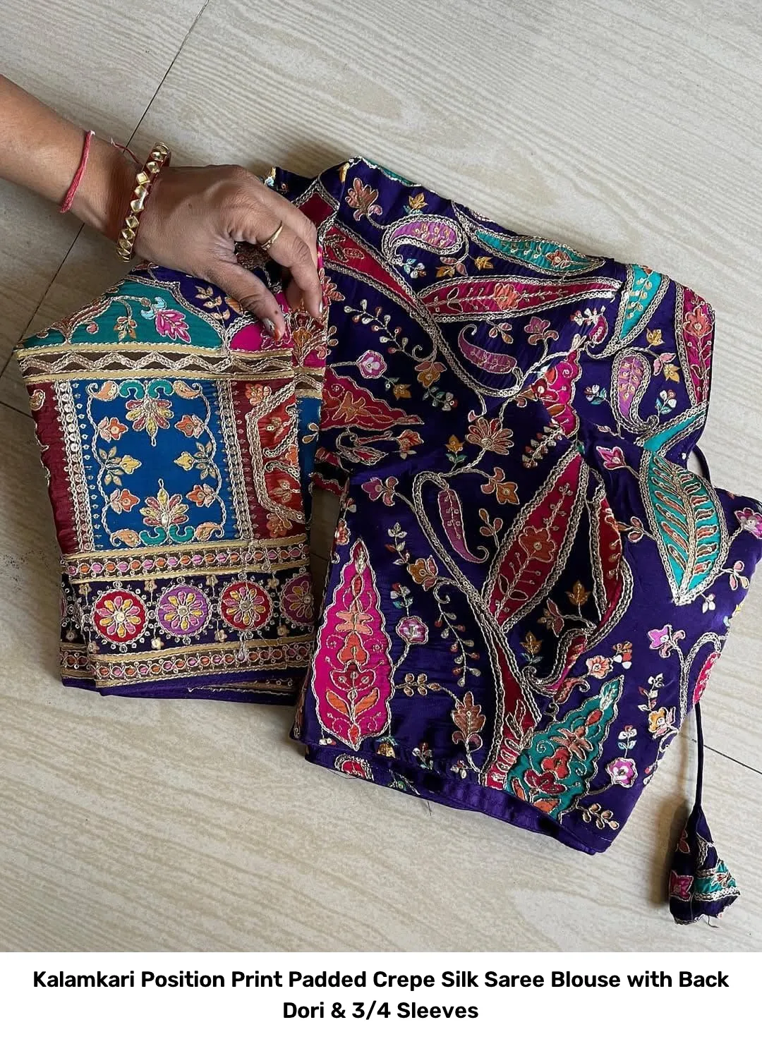 Kalamkari Position Print Padded Crepe Silk Saree Blouse with Back Dori & 3/4 Sleeves 13
