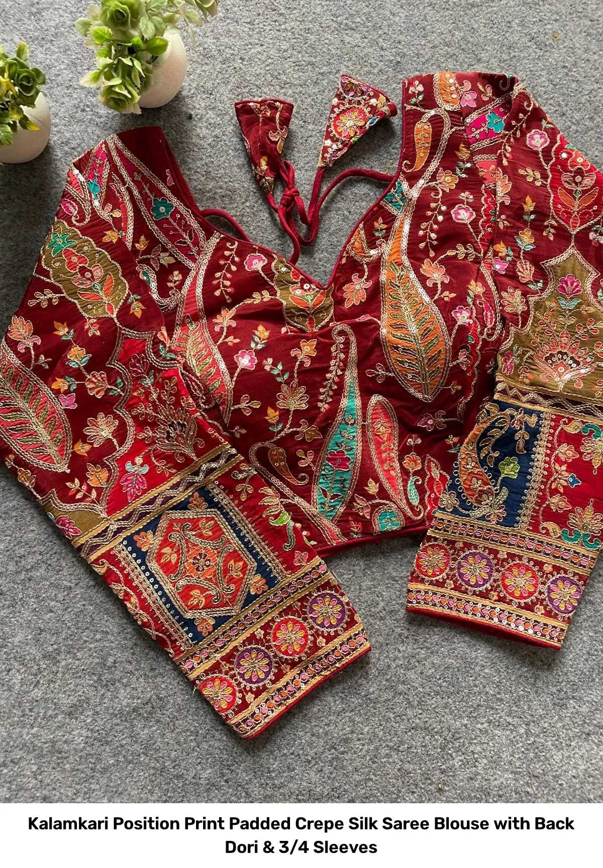 Kalamkari Position Print Padded Crepe Silk Saree Blouse with Back Dori & 3/4 Sleeves 15