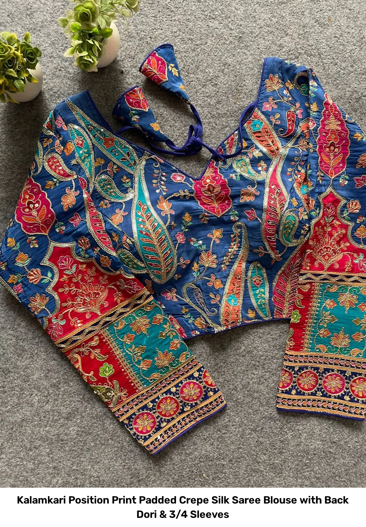 Kalamkari Position Print Padded Crepe Silk Saree Blouse with Back Dori & 3/4 Sleeves 16