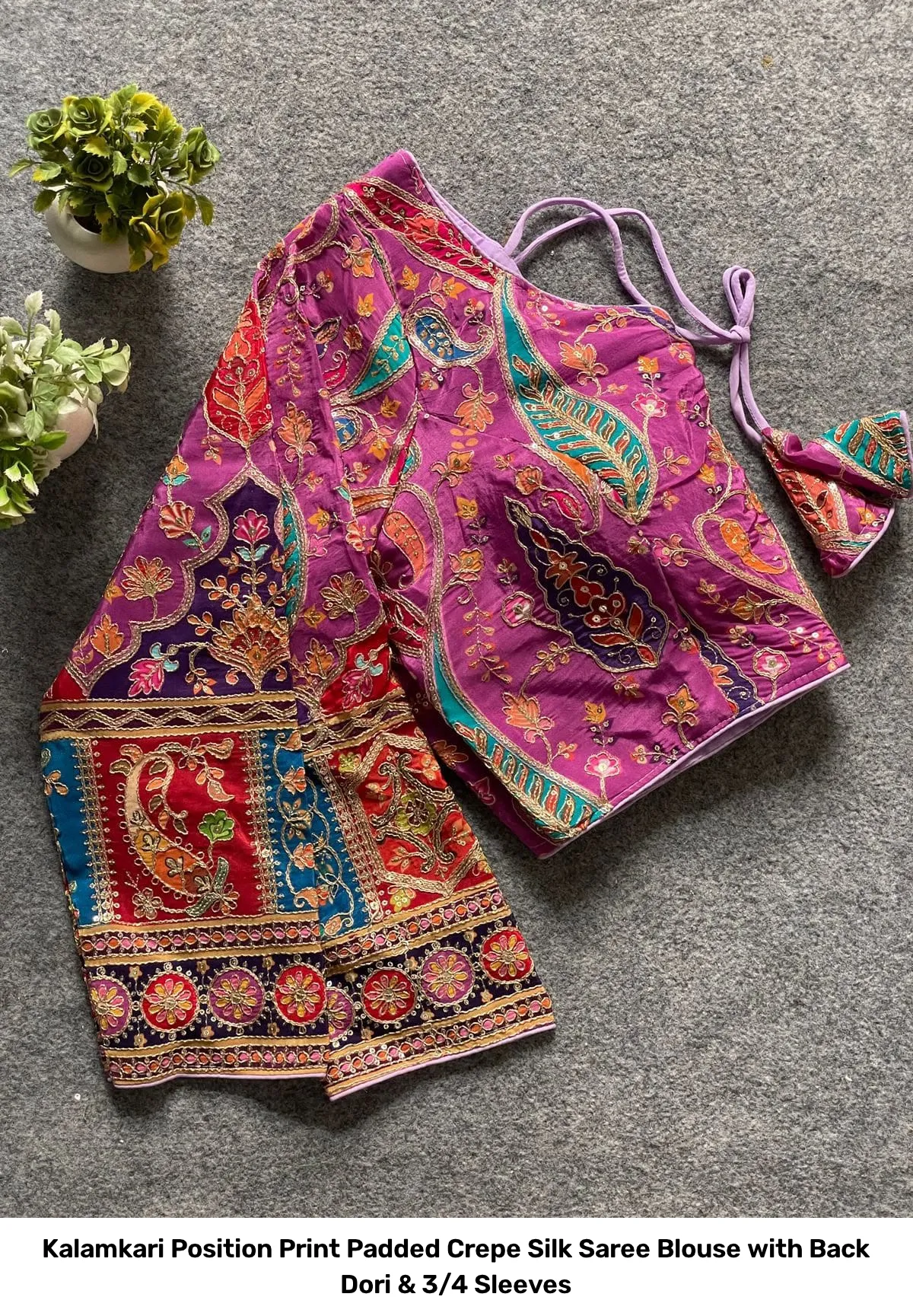 Kalamkari Position Print Padded Crepe Silk Saree Blouse with Back Dori & 3/4 Sleeves 17