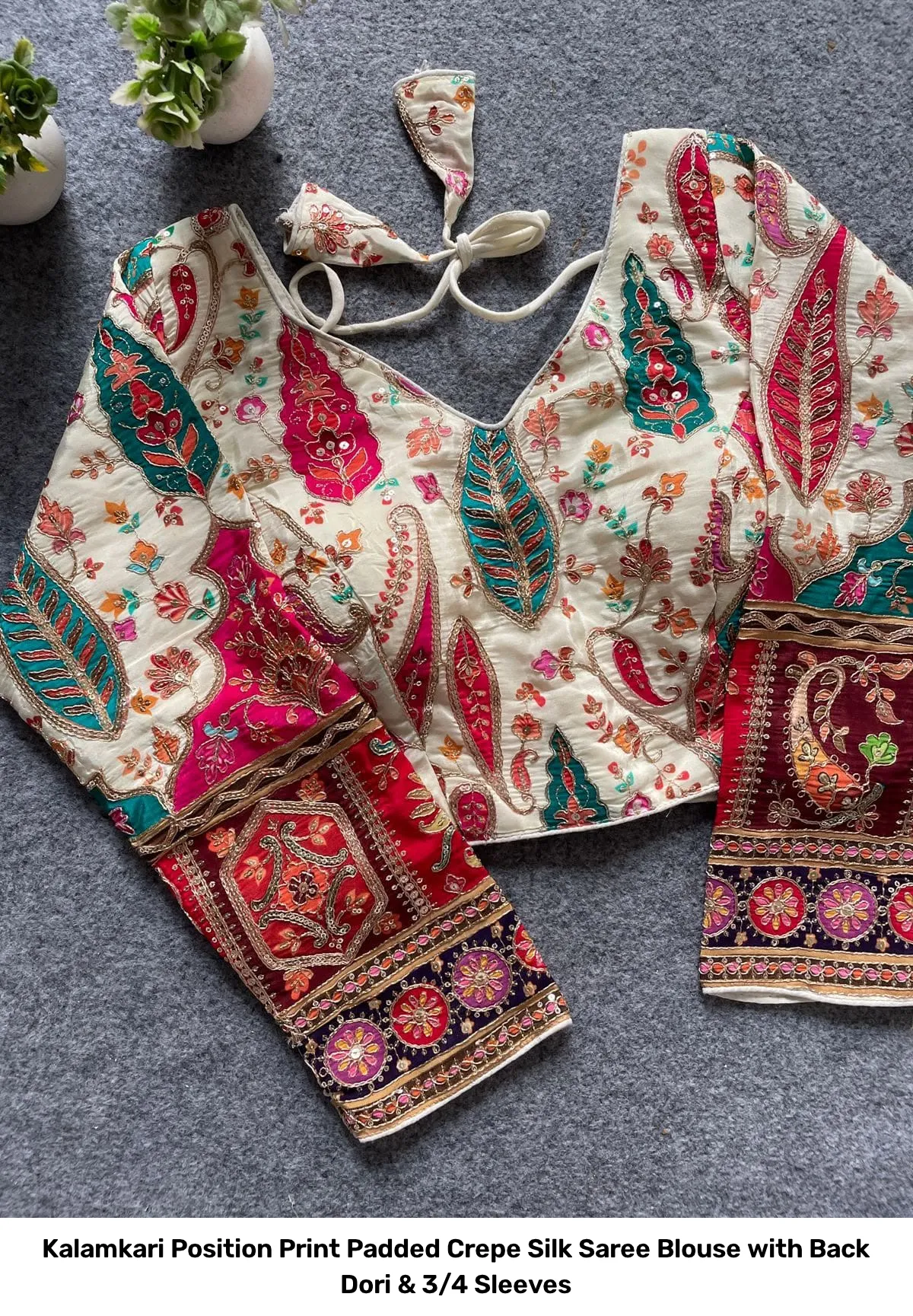 Kalamkari Position Print Padded Crepe Silk Saree Blouse with Back Dori & 3/4 Sleeves 18
