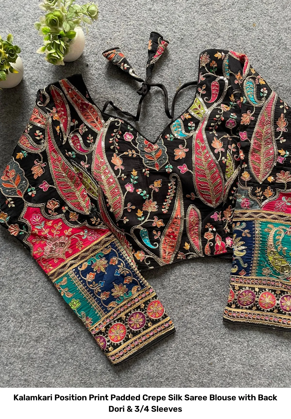 Kalamkari Position Print Padded Crepe Silk Saree Blouse with Back Dori & 3/4 Sleeves 19
