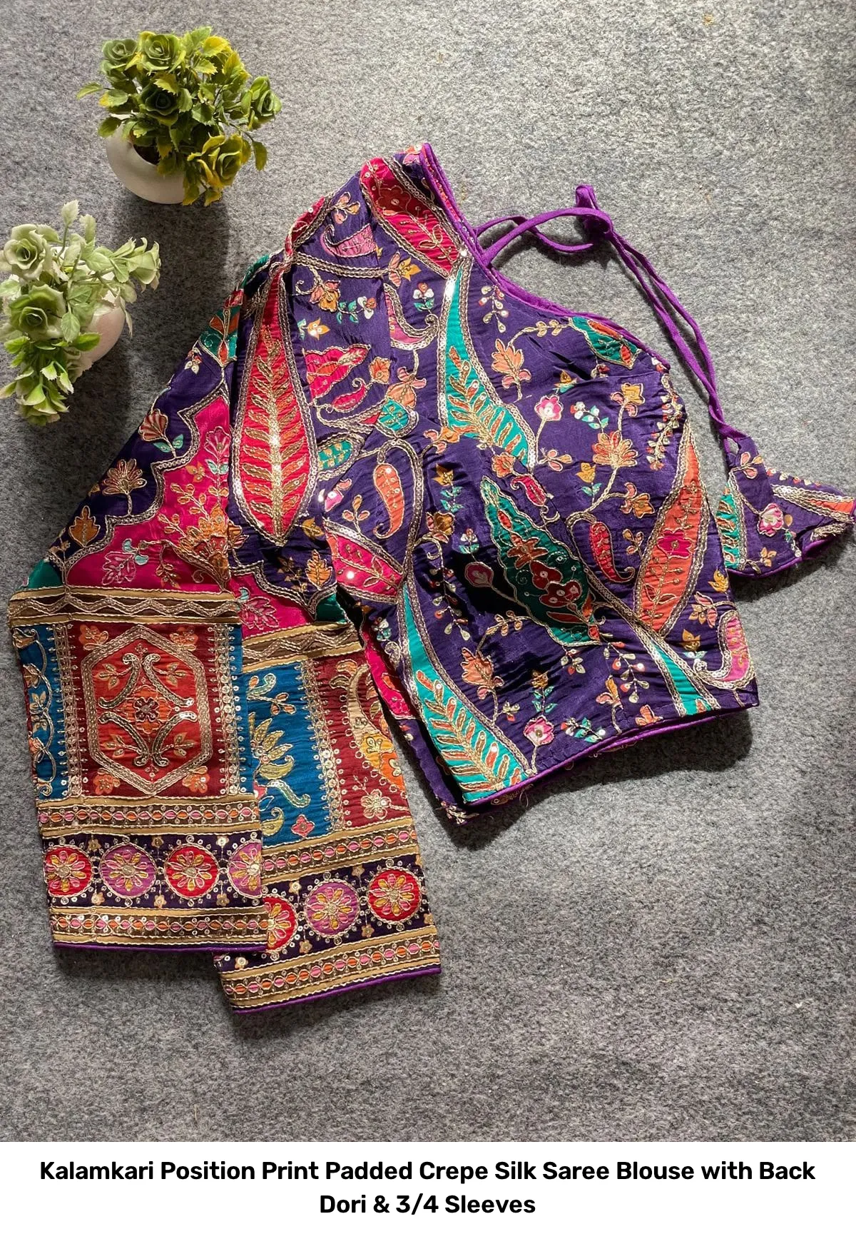 Kalamkari Position Print Padded Crepe Silk Saree Blouse with Back Dori & 3/4 Sleeves 2