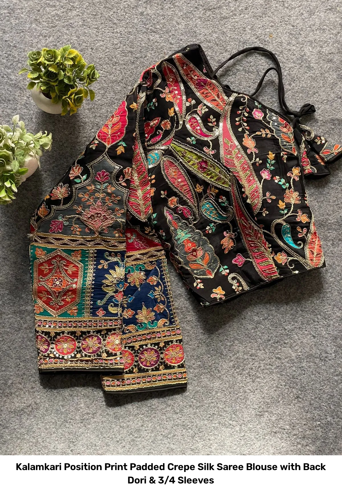 Kalamkari Position Print Padded Crepe Silk Saree Blouse with Back Dori & 3/4 Sleeves 20