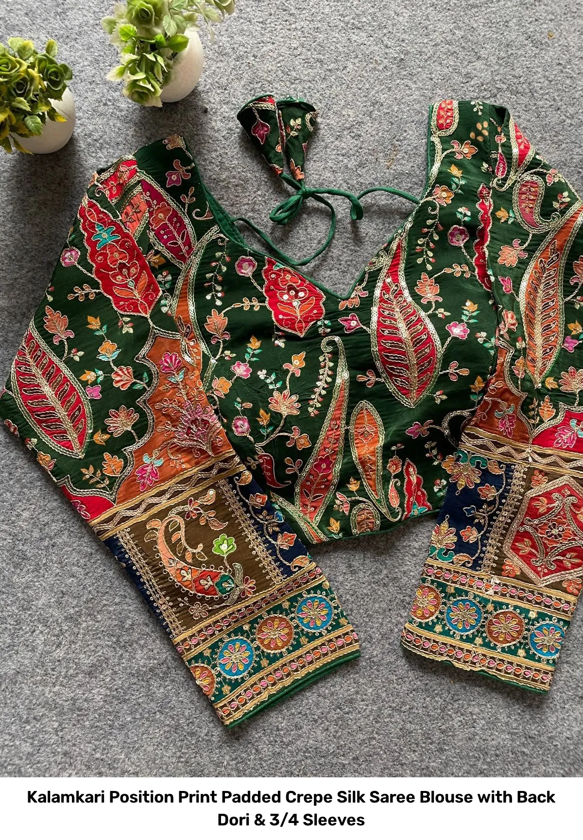 Kalamkari Position Print Padded Crepe Silk Saree Blouse with Back Dori & 3/4 Sleeves 21