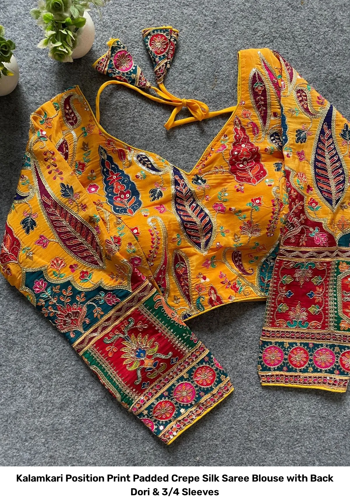 Kalamkari Position Print Padded Crepe Silk Saree Blouse with Back Dori & 3/4 Sleeves 22