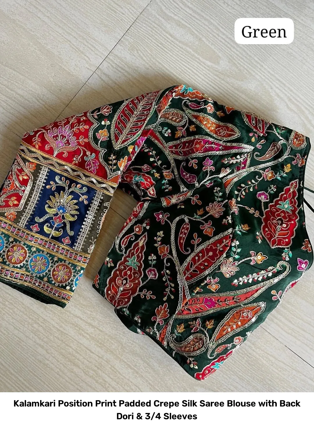 Kalamkari Position Print Padded Crepe Silk Saree Blouse with Back Dori & 3/4 Sleeves 3
