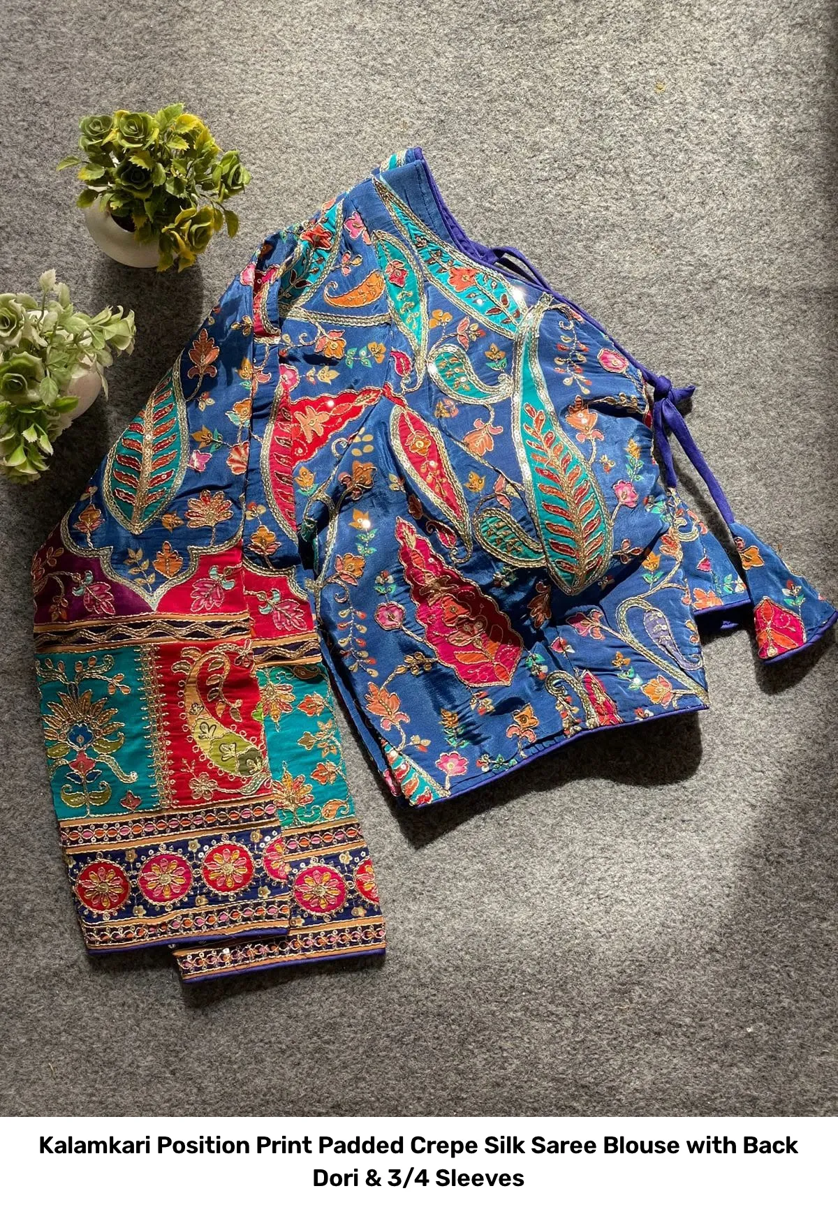 Kalamkari Position Print Padded Crepe Silk Saree Blouse with Back Dori & 3/4 Sleeves 4