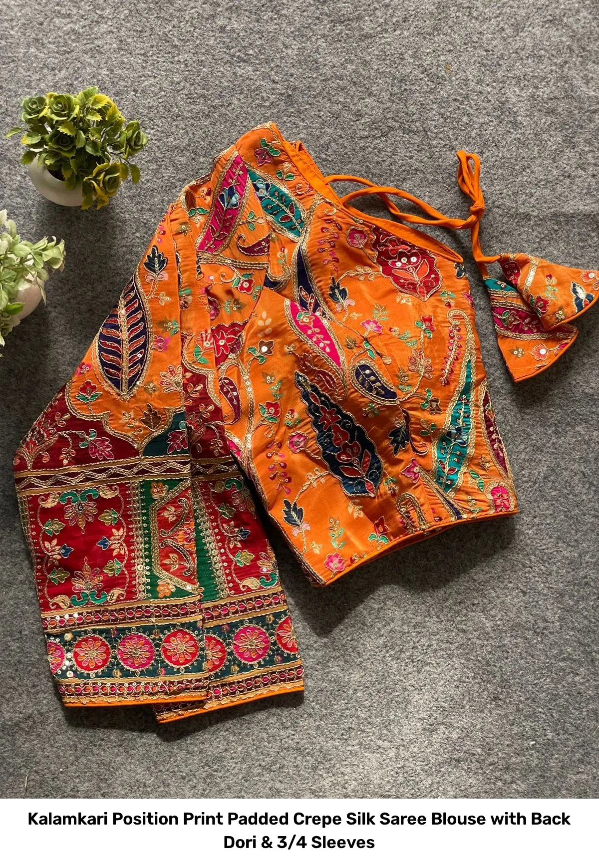 Kalamkari Position Print Padded Crepe Silk Saree Blouse with Back Dori & 3/4 Sleeves 5