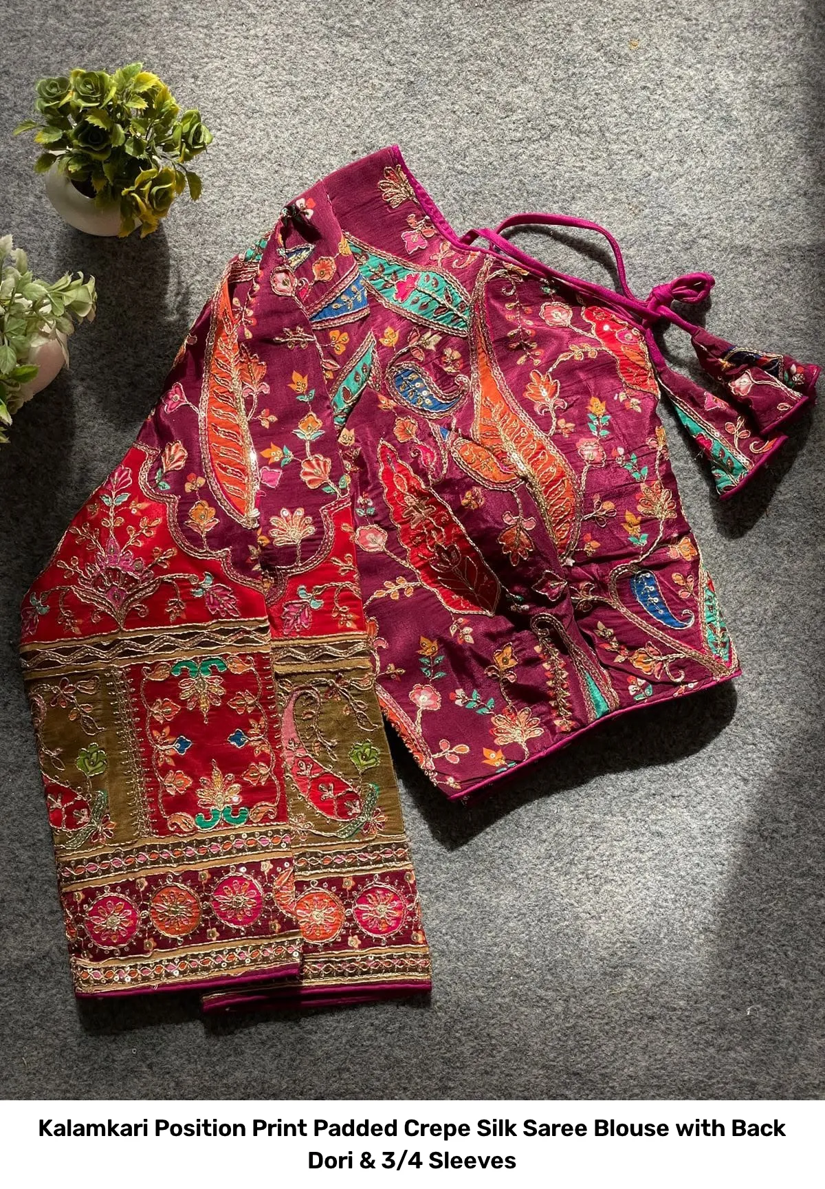 Kalamkari Position Print Padded Crepe Silk Saree Blouse with Back Dori & 3/4 Sleeves 6