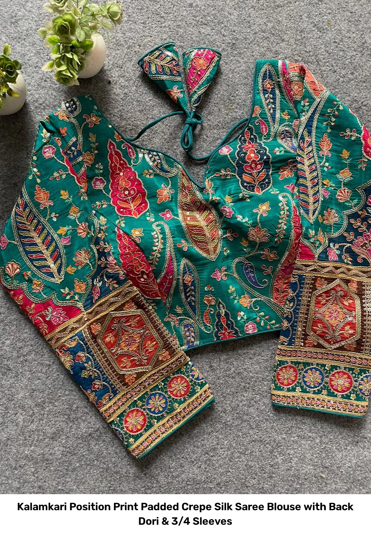 Kalamkari Position Print Padded Crepe Silk Saree Blouse with Back Dori & 3/4 Sleeves 7