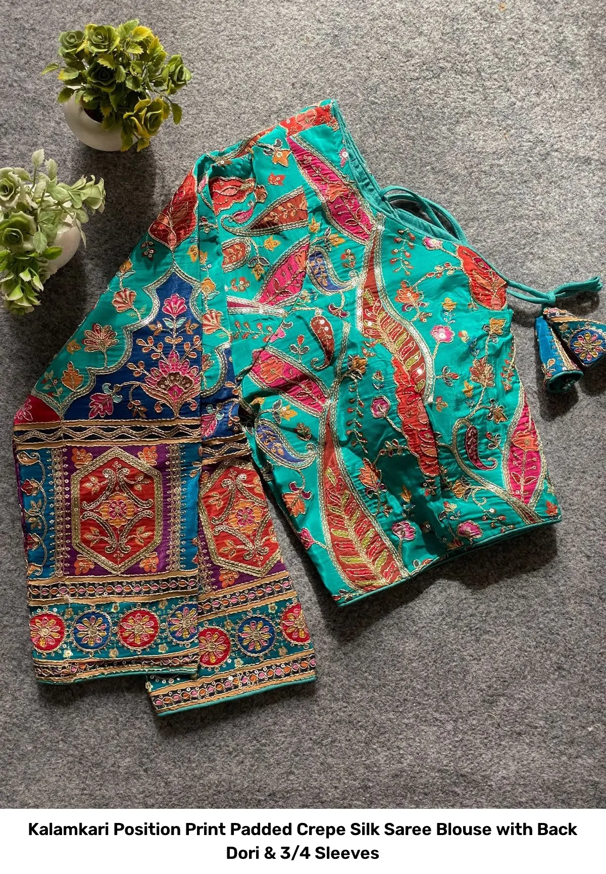 Kalamkari Position Print Padded Crepe Silk Saree Blouse with Back Dori & 3/4 Sleeves 8