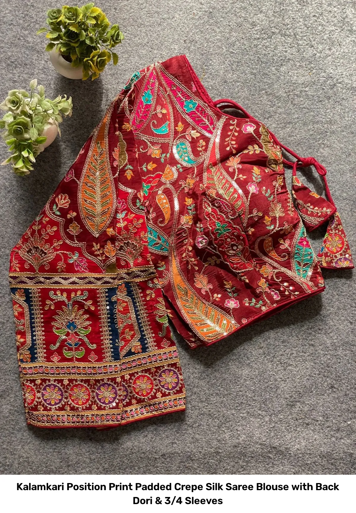 Kalamkari Position Print Padded Crepe Silk Saree Blouse with Back Dori & 3/4 Sleeves 9