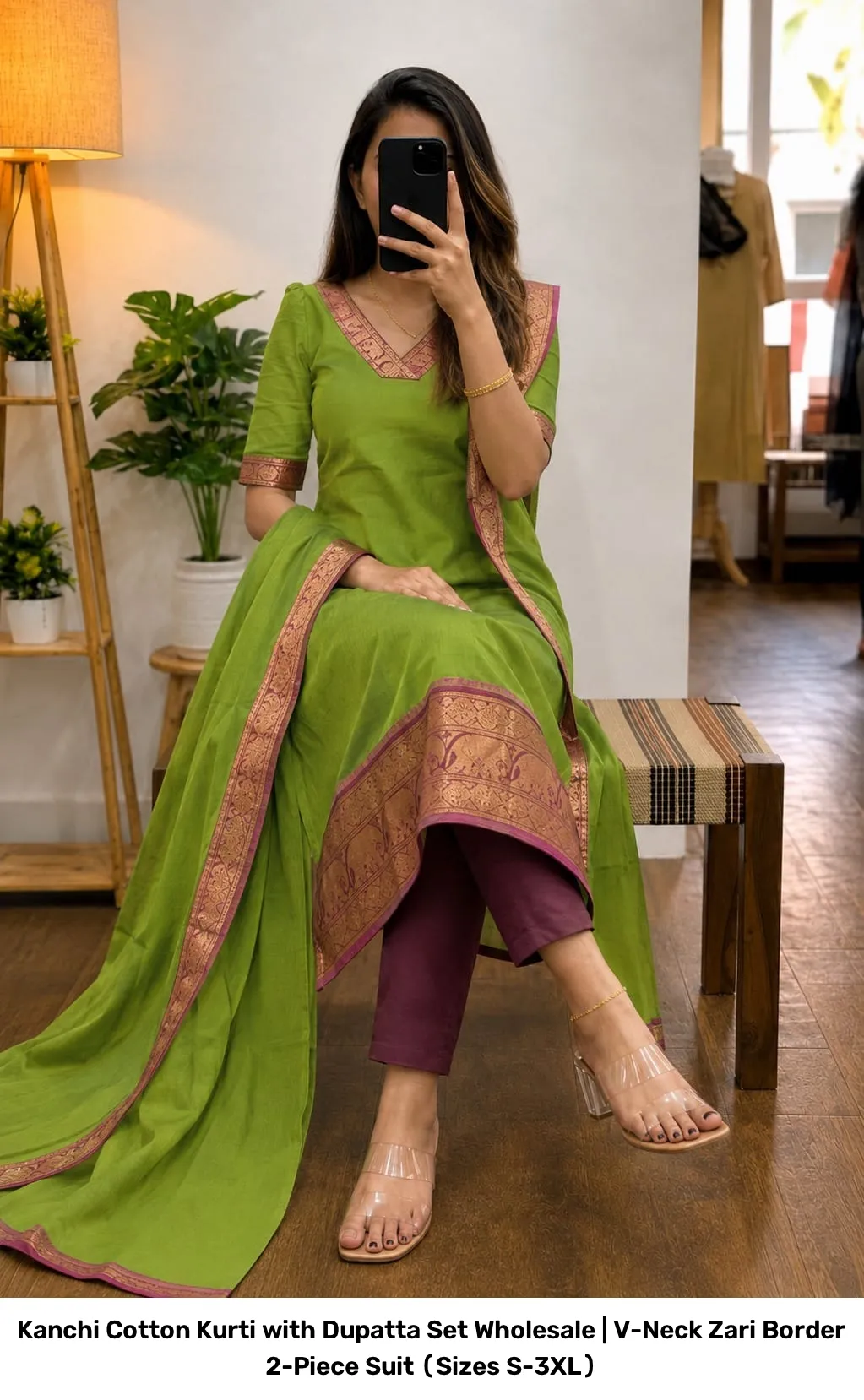 Kanchi Cotton Kurti with Dupatta Set Wholesale | V-Neck Zari Border 2-Piece Suit (Sizes S-3XL) 2