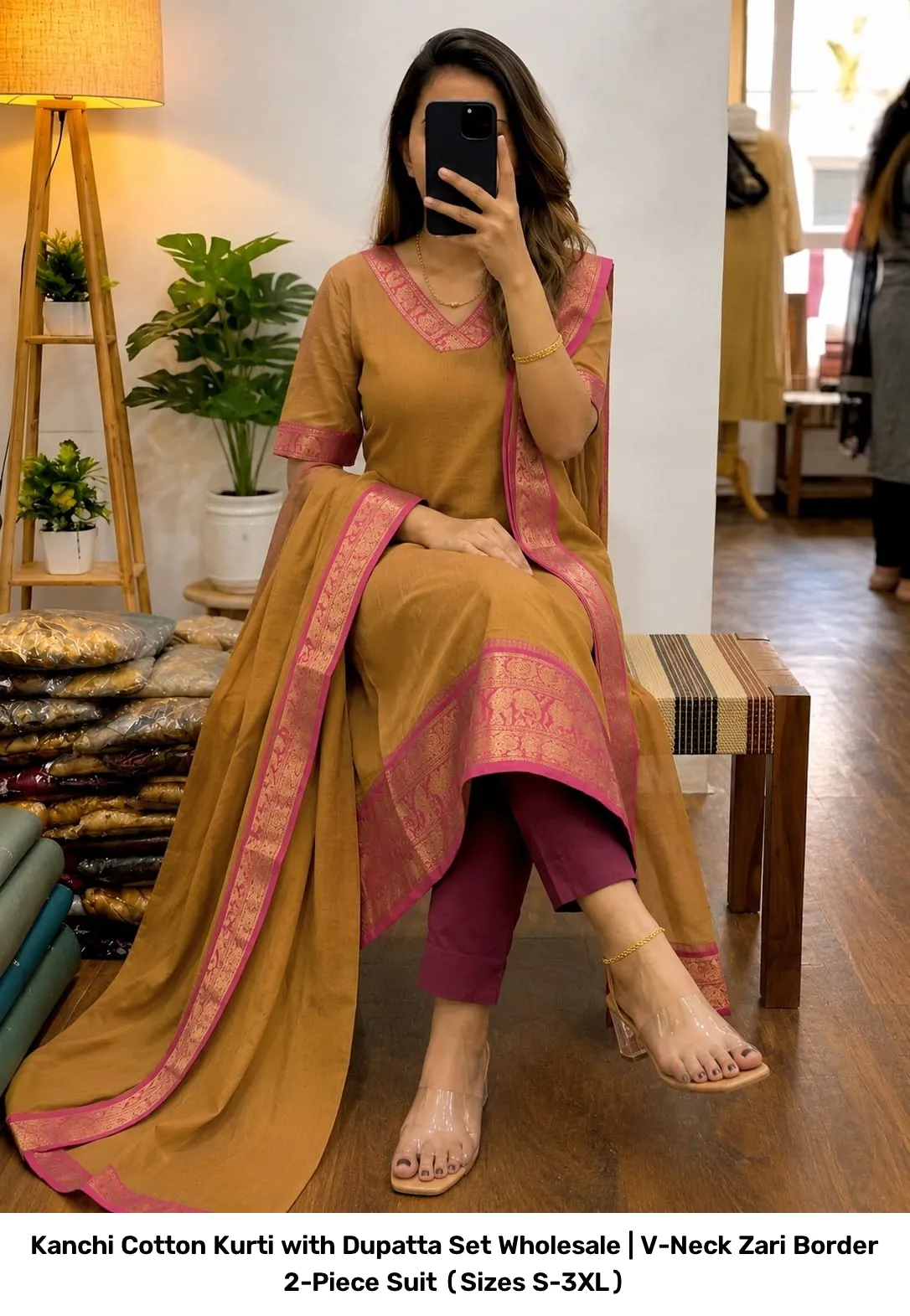 Kanchi Cotton Kurti with Dupatta Set Wholesale | V-Neck Zari Border 2-Piece Suit (Sizes S-3XL) 3