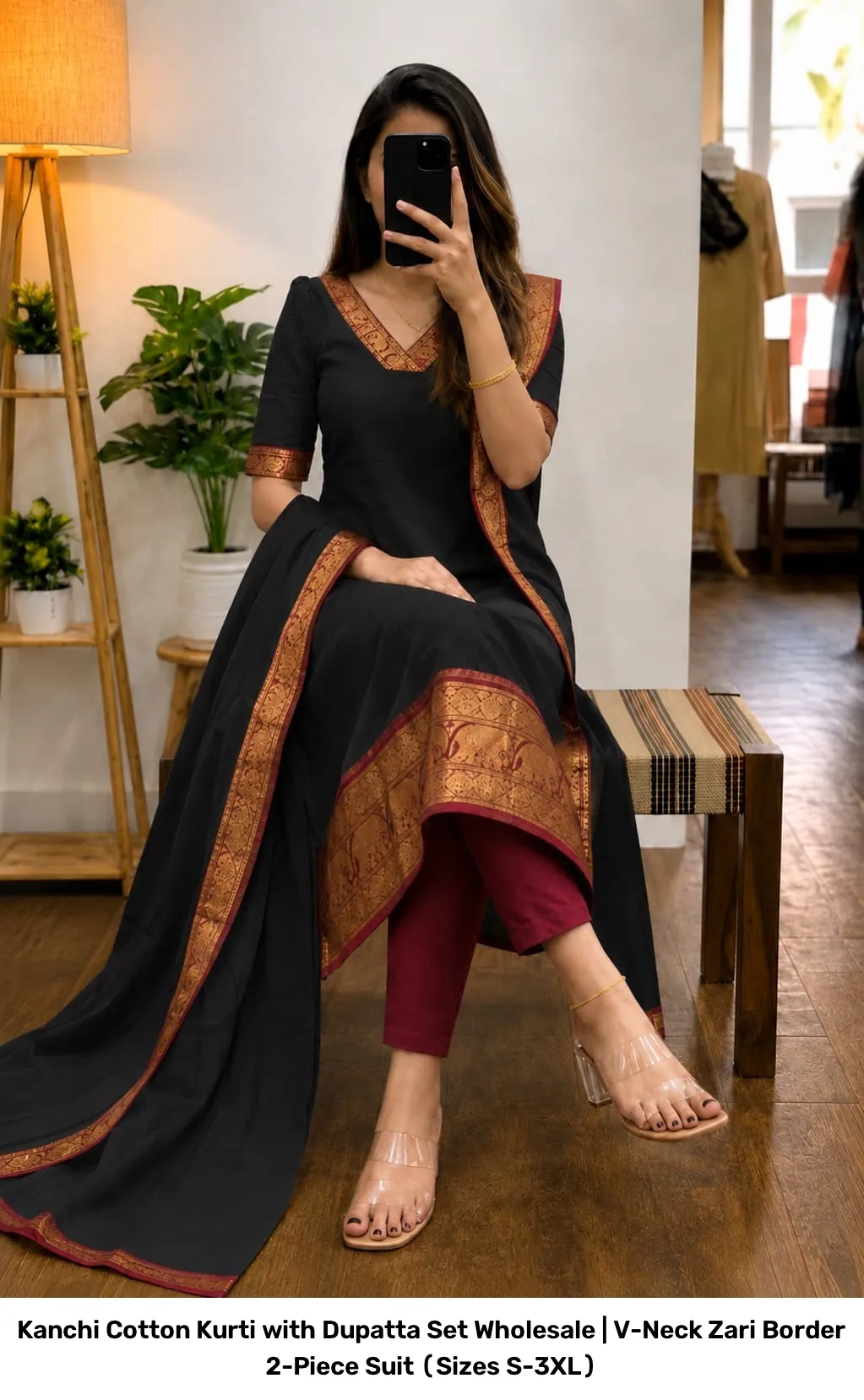 Kanchi Cotton Kurti with Dupatta Set Wholesale | V-Neck Zari Border 2-Piece Suit (Sizes S-3XL) 4