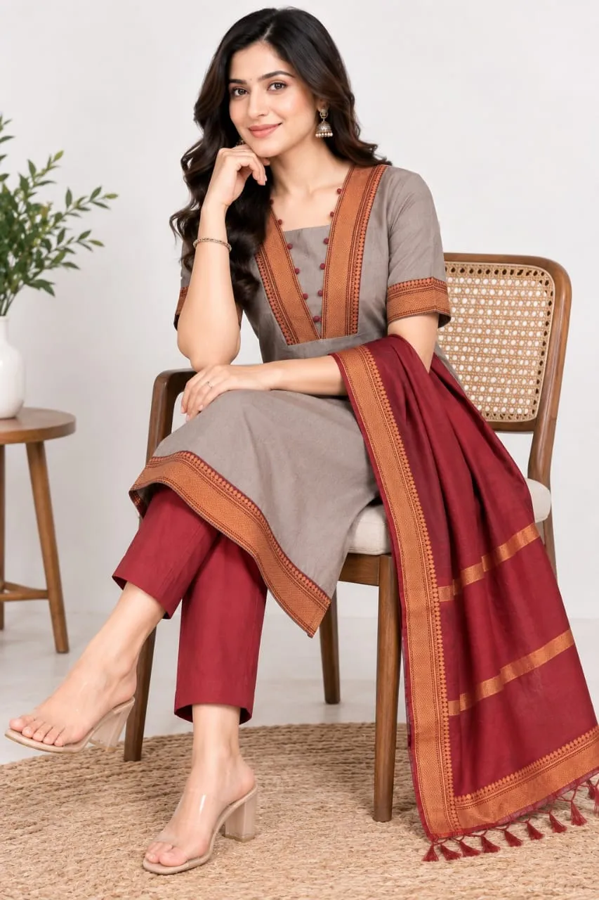 Kanchi Cotton Zari Work Kurta Pant Set with Tassel Dupatta