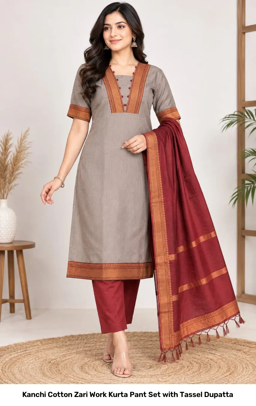 Kanchi Cotton Zari Work Kurta Pant Set with Tassel Dupatta 2