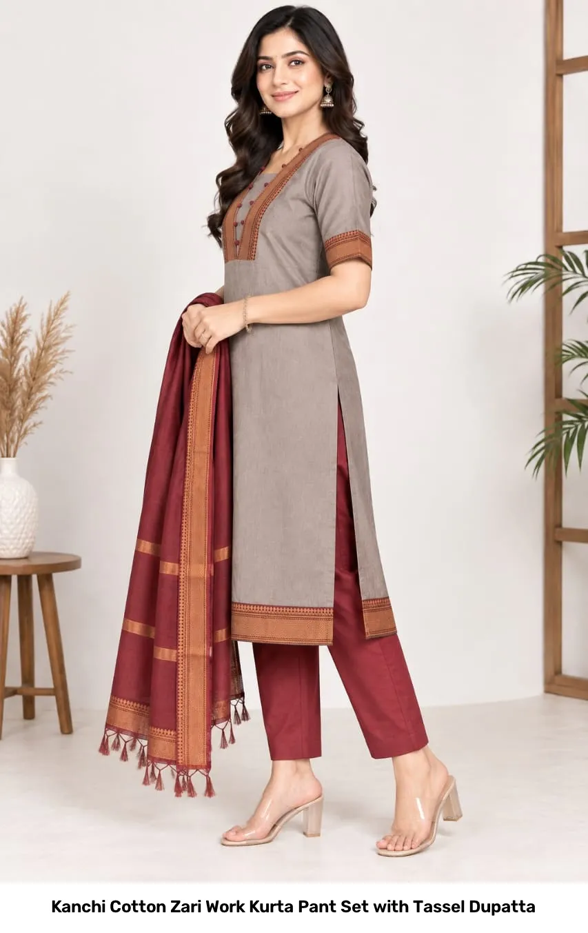 Kanchi Cotton Zari Work Kurta Pant Set with Tassel Dupatta 3