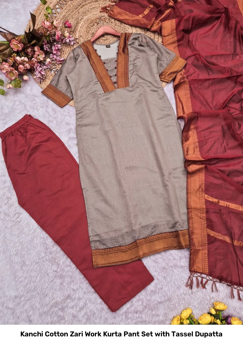 Kanchi Cotton Zari Work Kurta Pant Set with Tassel Dupatta 4