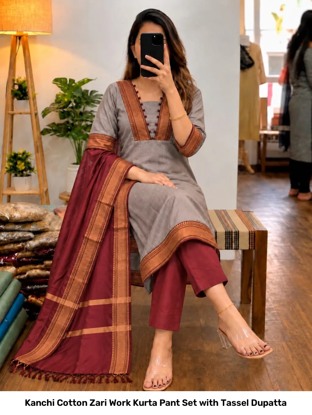 Kanchi Cotton Zari Work Kurta Pant Set with Tassel Dupatta 5