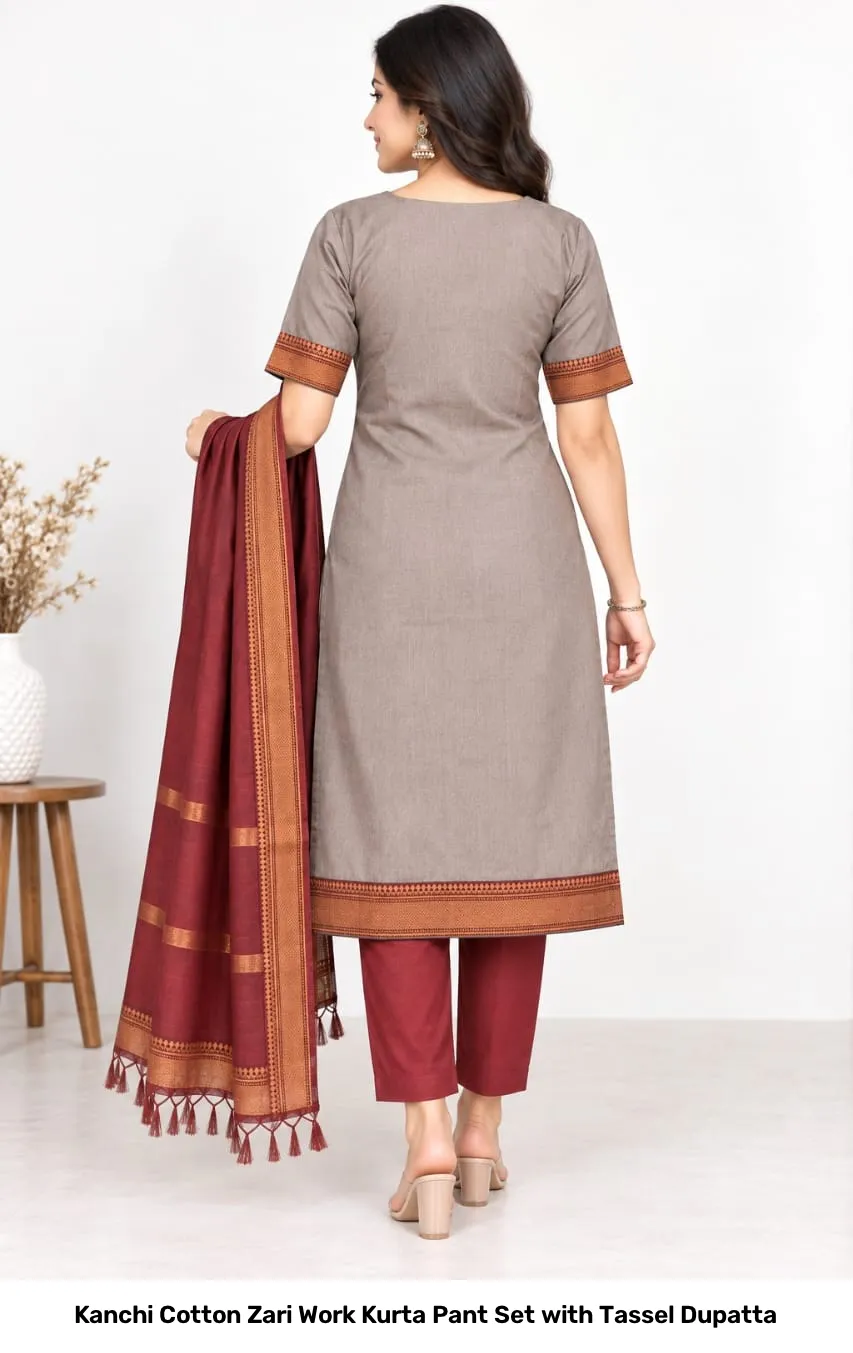 Kanchi Cotton Zari Work Kurta Pant Set with Tassel Dupatta 6