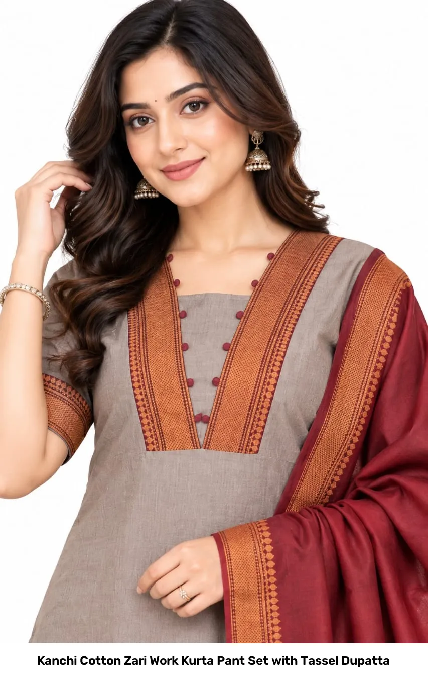 Kanchi Cotton Zari Work Kurta Pant Set with Tassel Dupatta 7