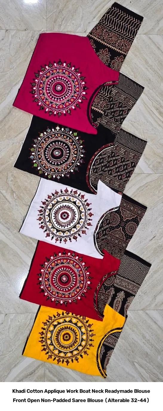 Khadi Cotton Applique Work Boat Neck Readymade Blouse – Front Open Non-Padded Saree Blouse (Alterable 32-44) 2