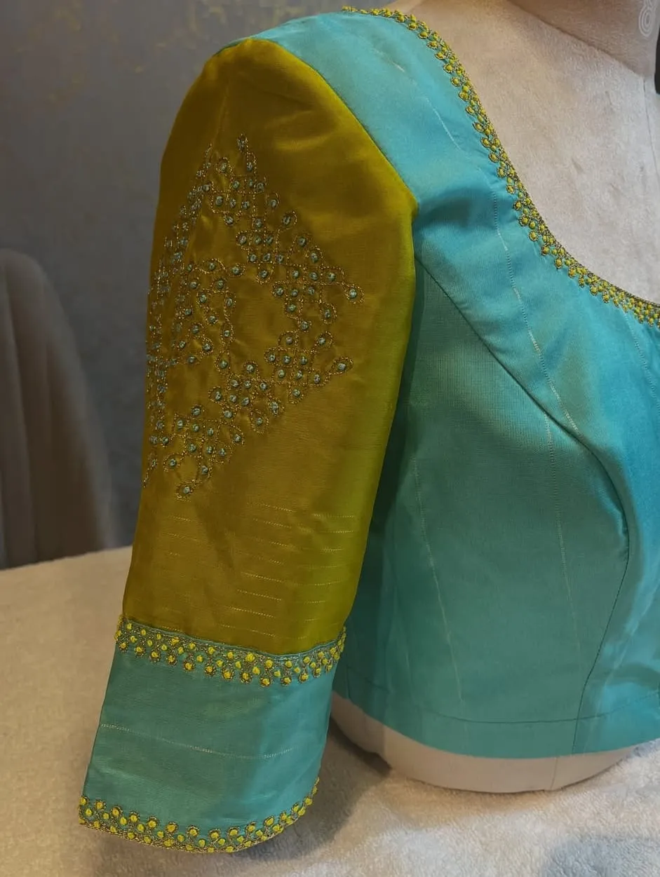 Kolam Aari Work Blouse – Contrast Sleeve Silk Blouse at Wholesale Cost