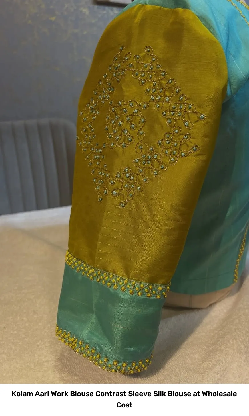 Kolam Aari Work Blouse – Contrast Sleeve Silk Blouse at Wholesale Cost 2