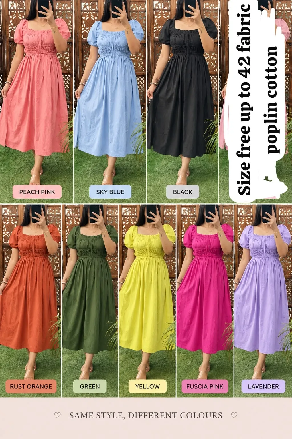 Korean Style Poplin Cotton Smocked Fit & Flare Midi Dress | Puff Sleeve Square Neck Cottagecore Summer Sundress