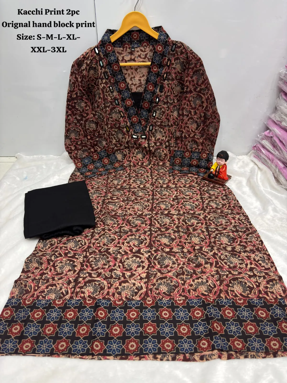 Kutch Hand Block Print Cotton Kurti Palazzo Set with Mirror Work (2-Piece)