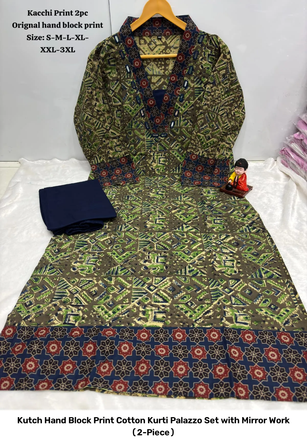 Kutch Hand Block Print Cotton Kurti Palazzo Set with Mirror Work (2-Piece) 2