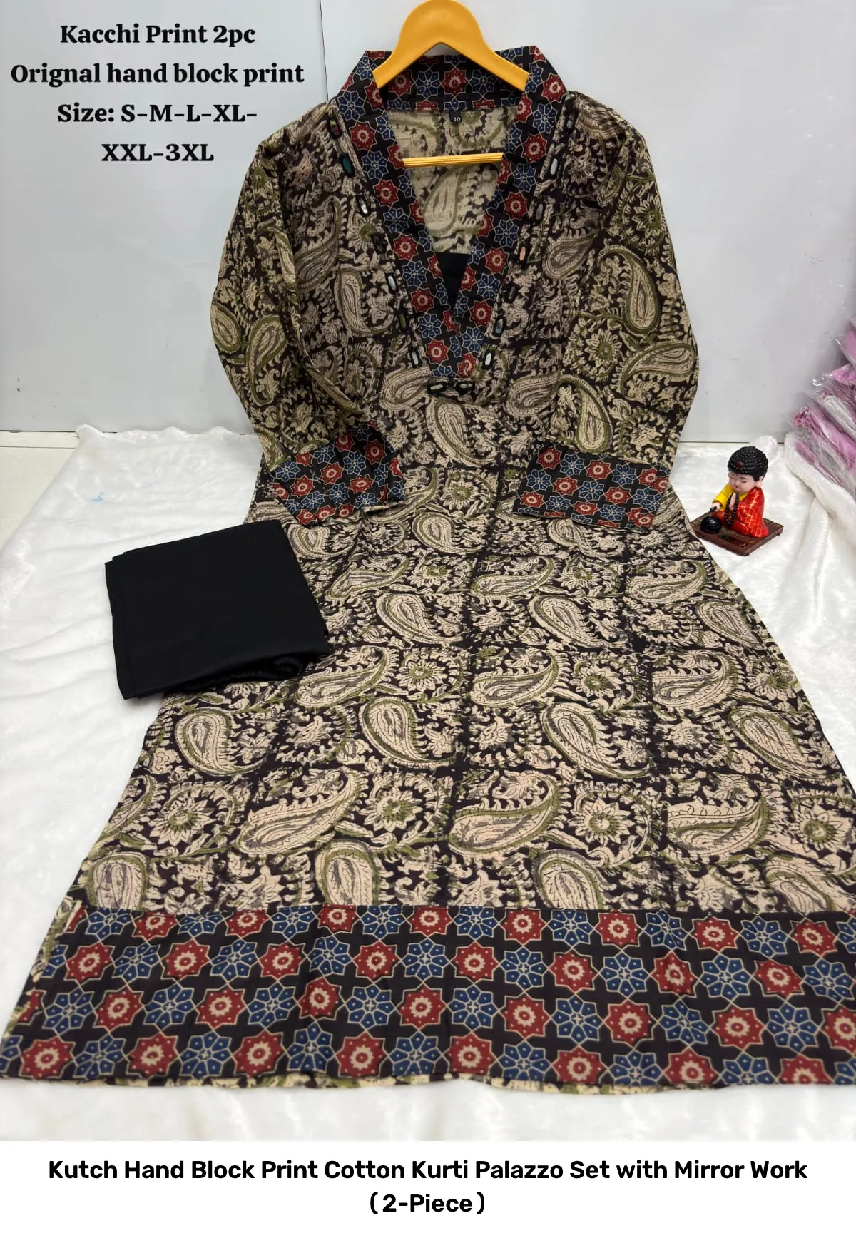 Kutch Hand Block Print Cotton Kurti Palazzo Set with Mirror Work (2-Piece) 3