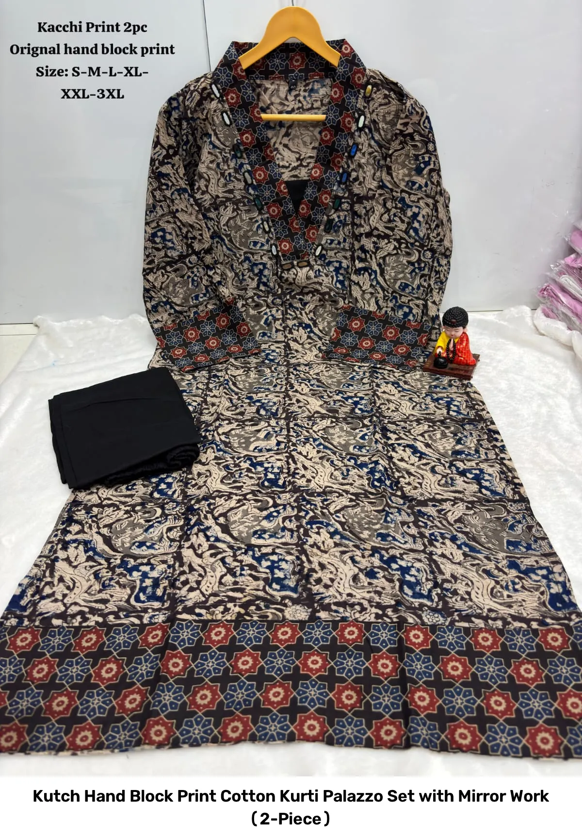 Kutch Hand Block Print Cotton Kurti Palazzo Set with Mirror Work (2-Piece) 5