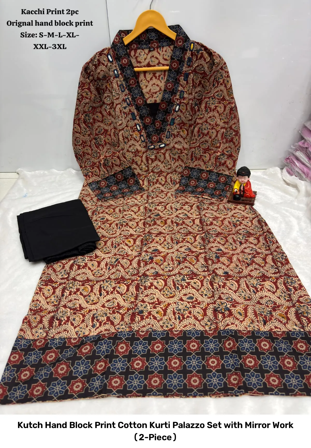 Kutch Hand Block Print Cotton Kurti Palazzo Set with Mirror Work (2-Piece) 6
