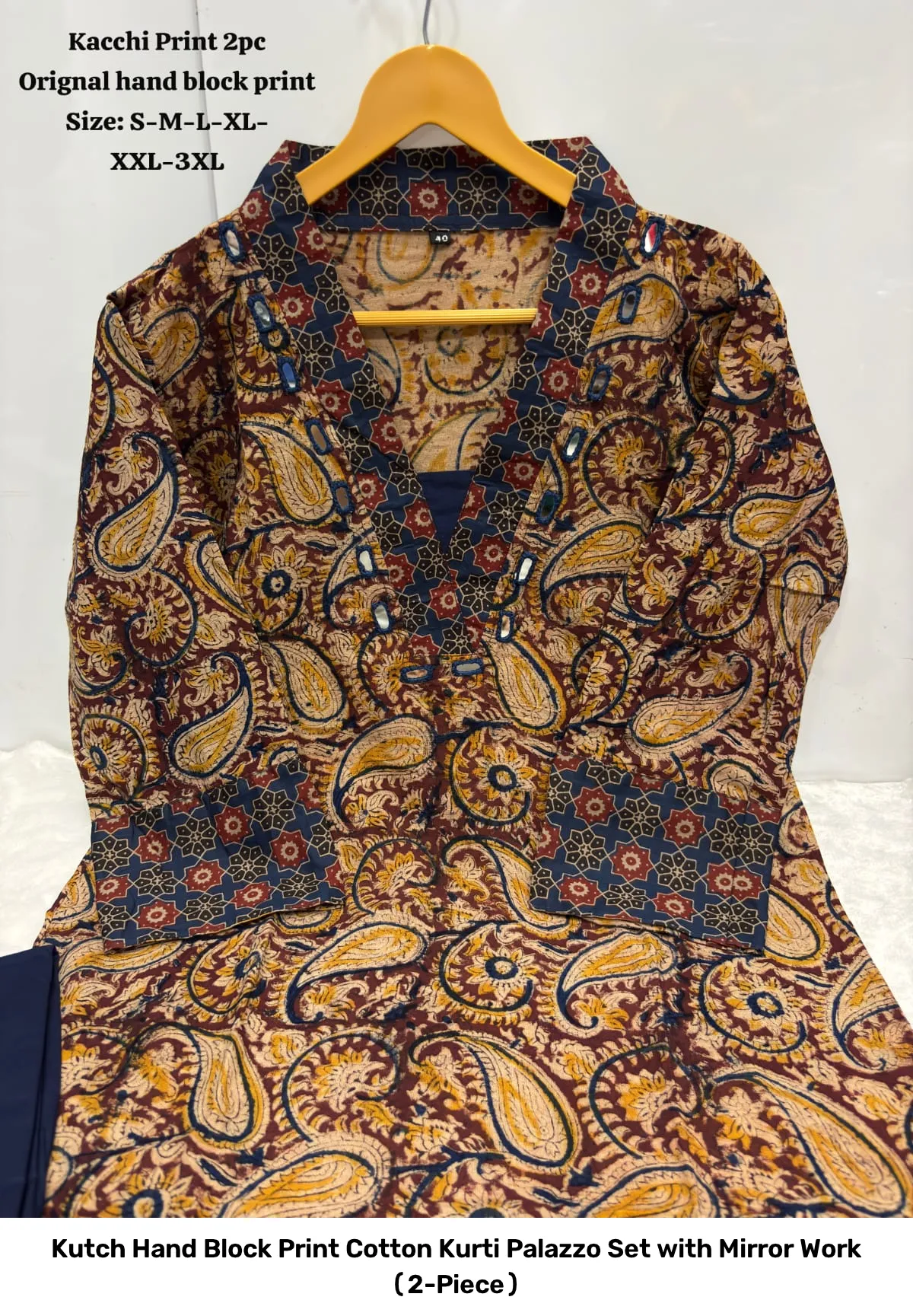 Kutch Hand Block Print Cotton Kurti Palazzo Set with Mirror Work (2-Piece) 7
