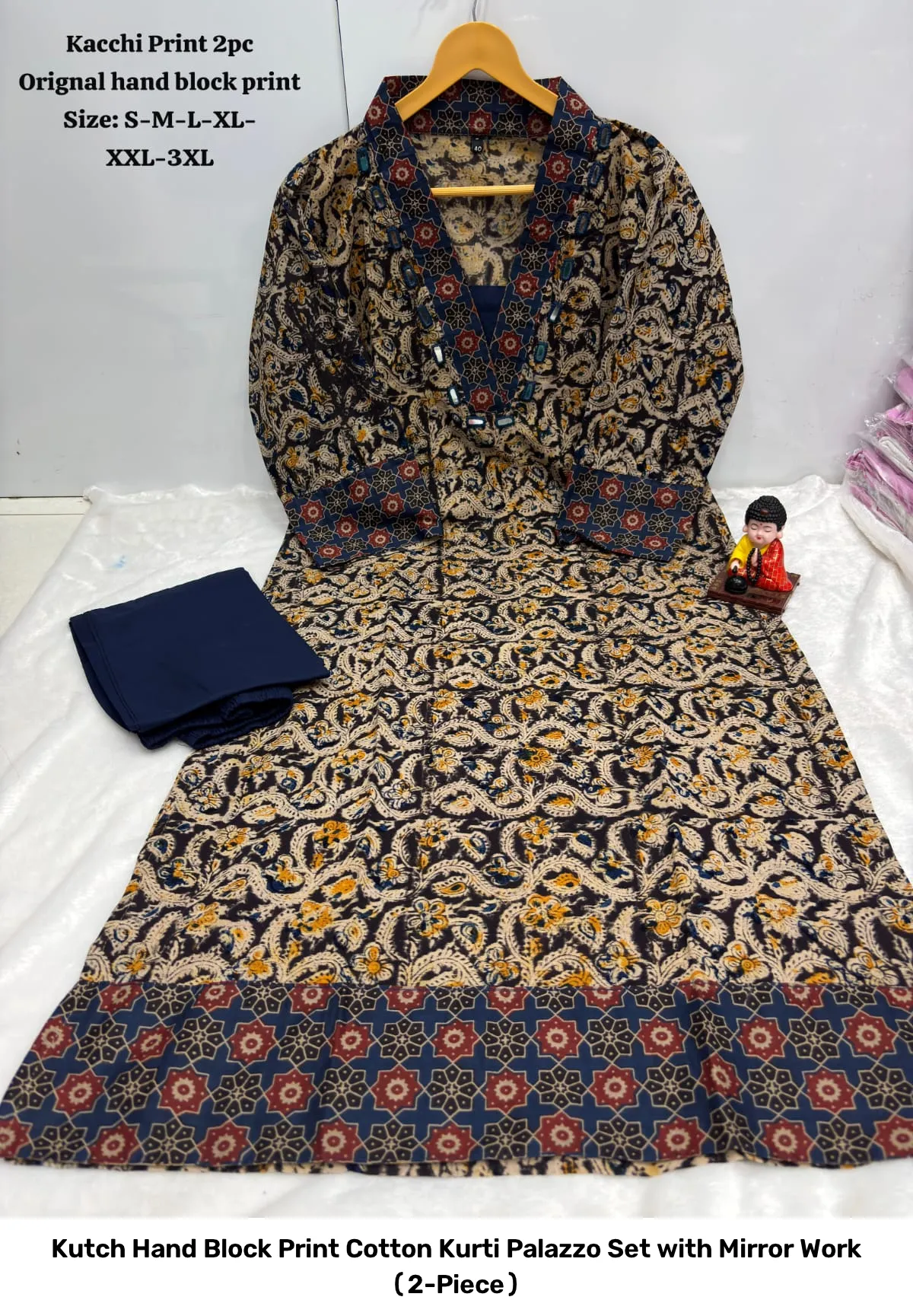Kutch Hand Block Print Cotton Kurti Palazzo Set with Mirror Work (2-Piece) 8