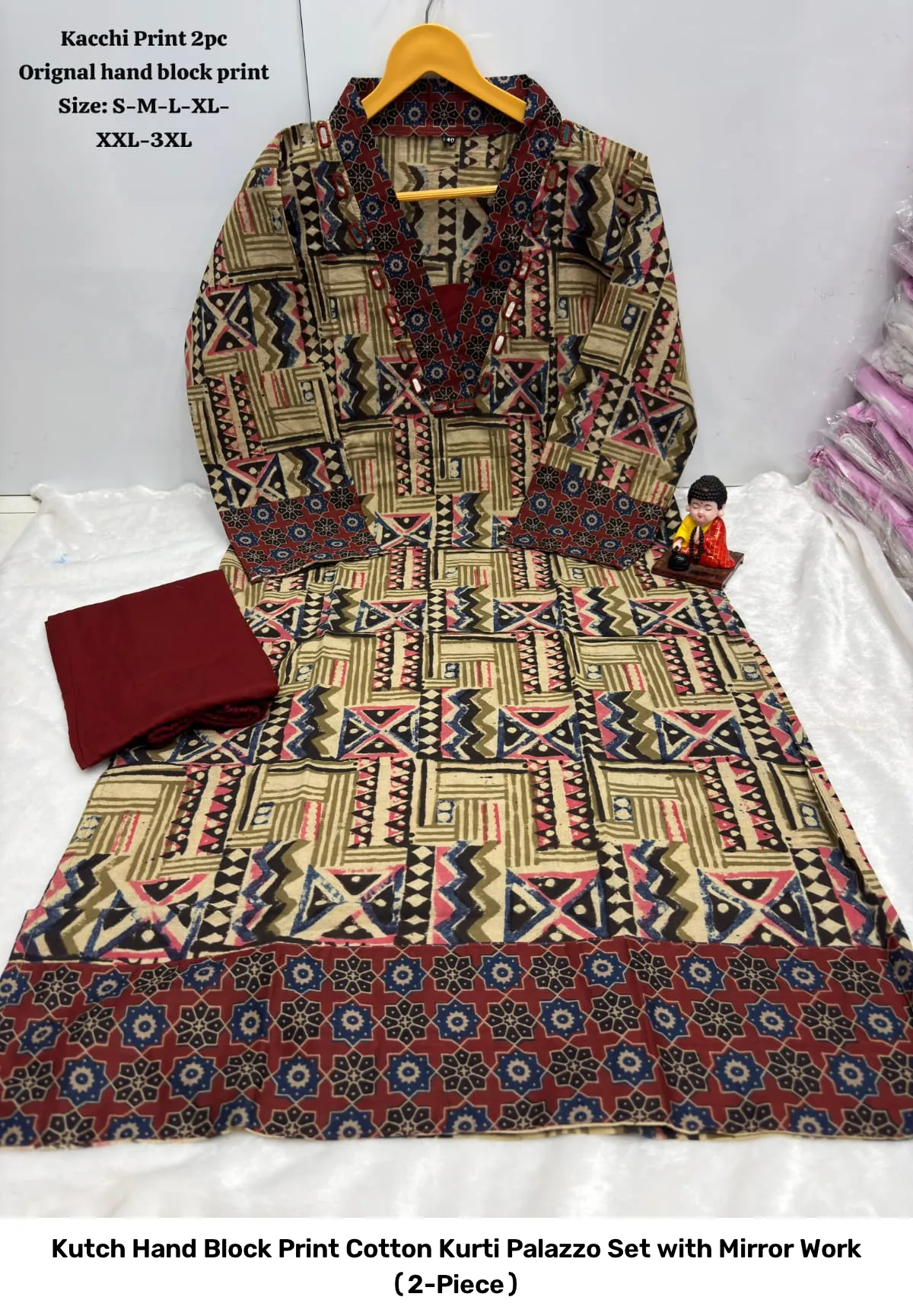 Kutch Hand Block Print Cotton Kurti Palazzo Set with Mirror Work (2-Piece) 9