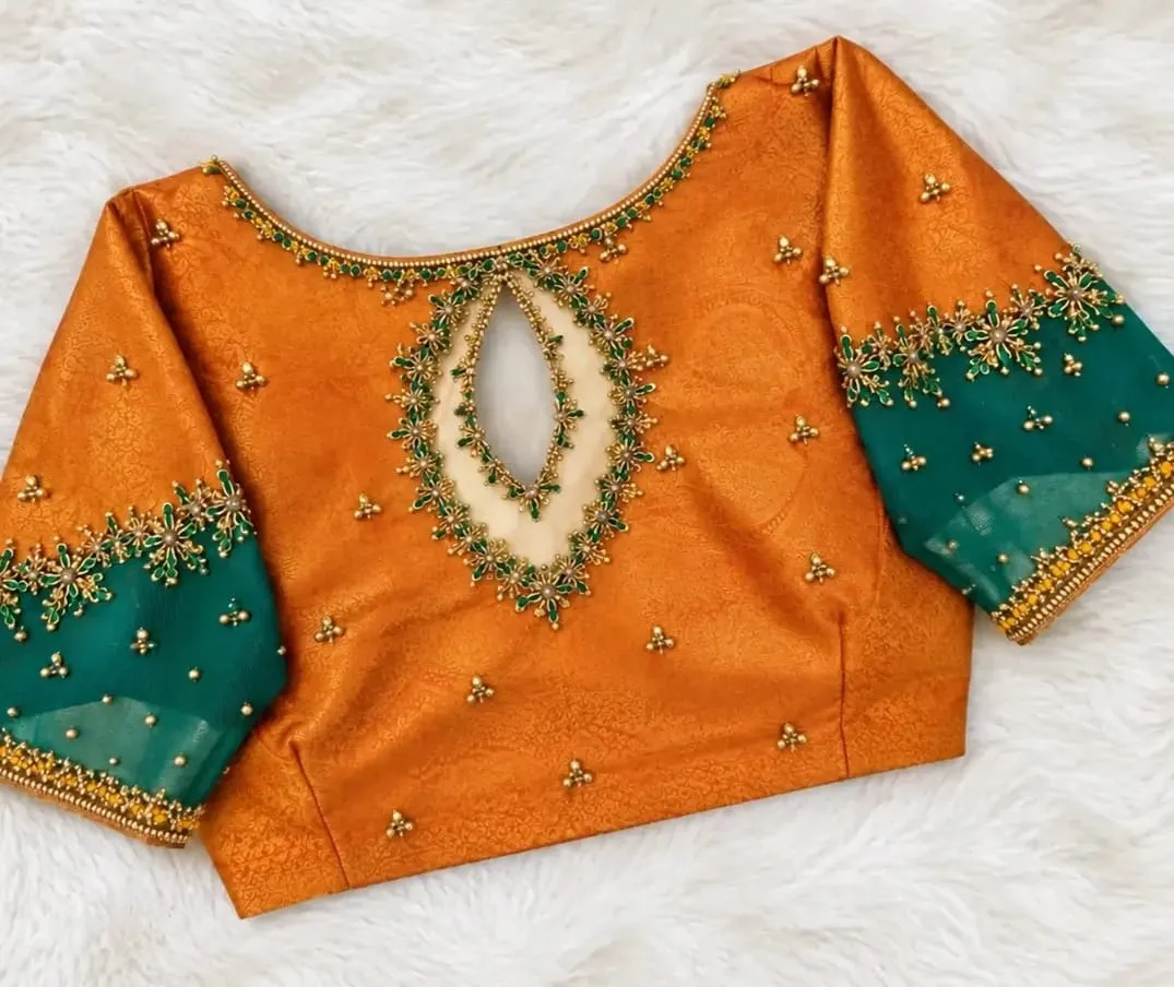 Latest Mustard Yellow Maggam Work Blouse Design with Green Sleeves – Buy Online