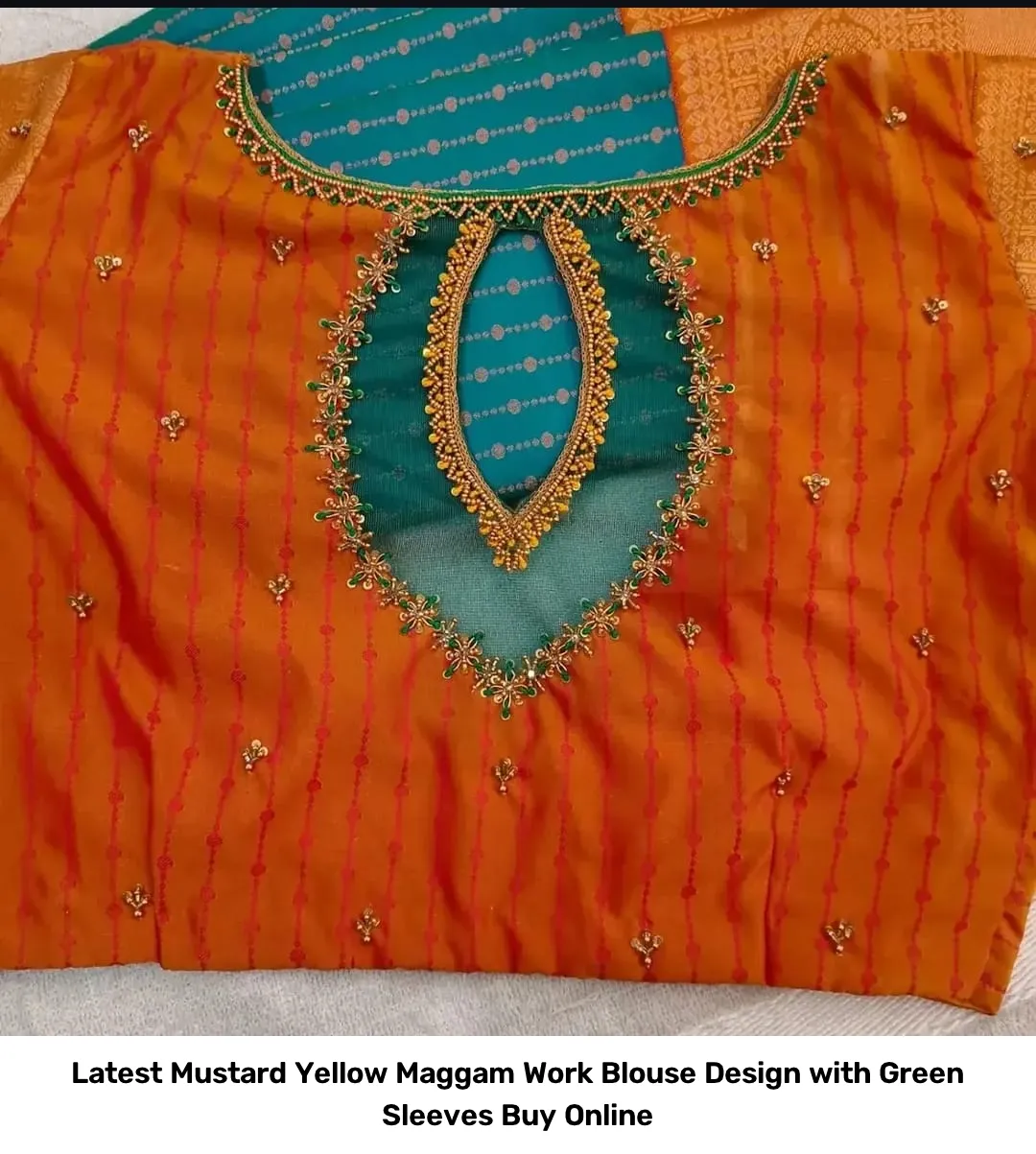 Latest Mustard Yellow Maggam Work Blouse Design with Green Sleeves – Buy Online 2