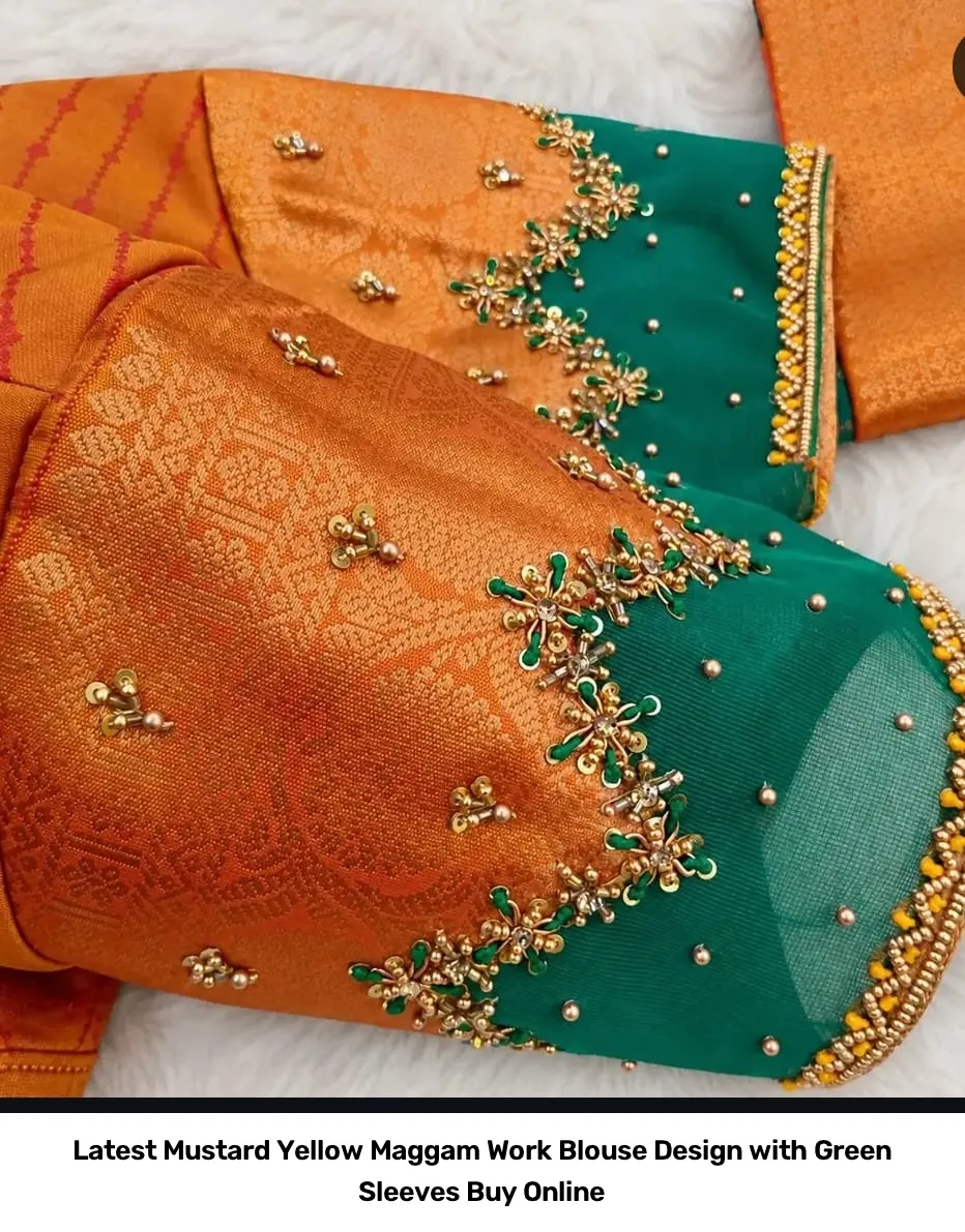 Latest Mustard Yellow Maggam Work Blouse Design with Green Sleeves – Buy Online 3