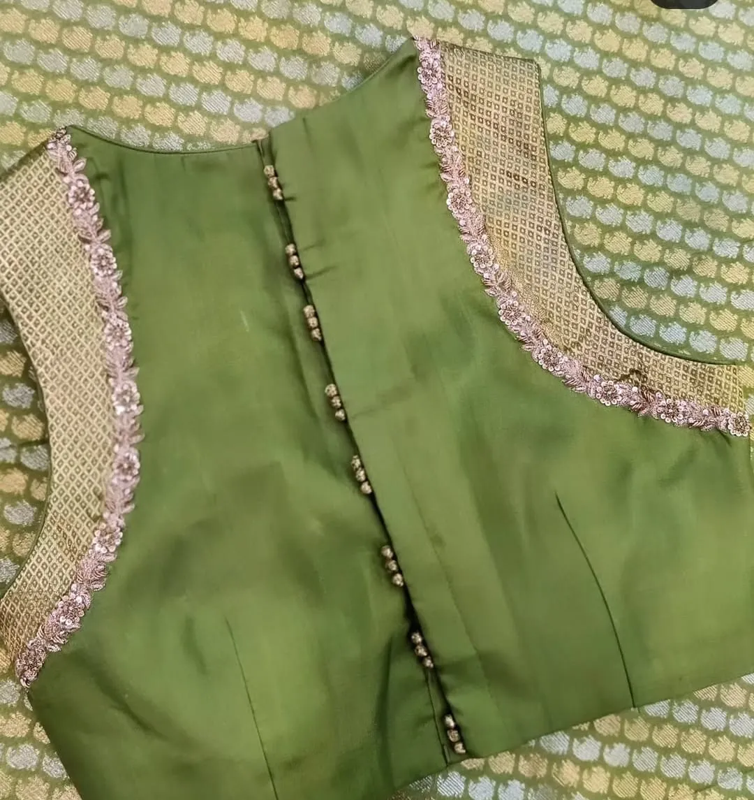Latest Olive Green Designer Silk Blouse | Back Open Sleeveless Saree Blouse Online
