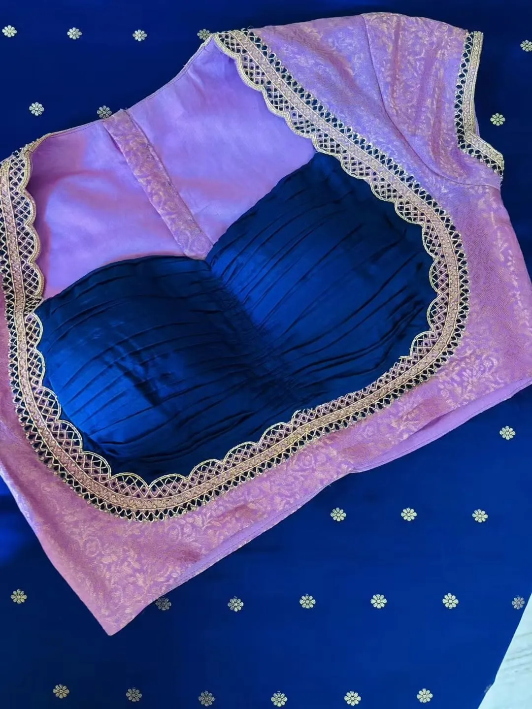 Lavender Brocade Saree Blouse with Royal Blue Pleated Bustier – Scalloped Cutwork Lace & Boat Neck for Party Wear & Lehengas 1