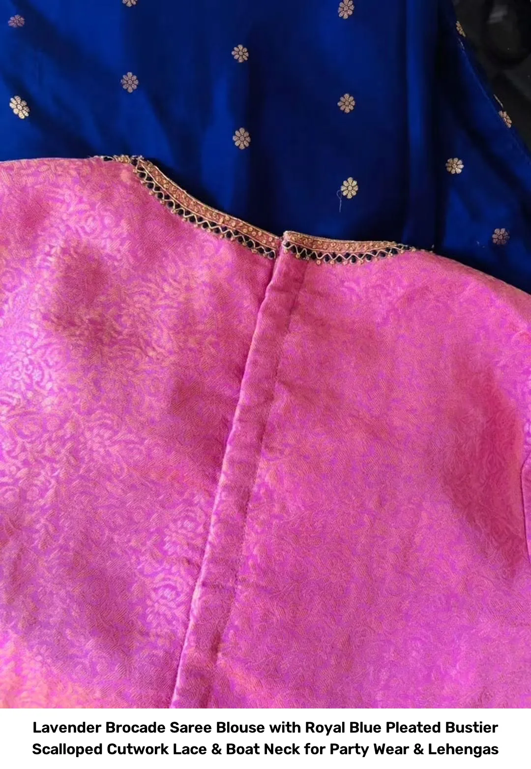 Lavender Brocade Saree Blouse with Royal Blue Pleated Bustier – Scalloped Cutwork Lace & Boat Neck for Party Wear & Lehengas 3