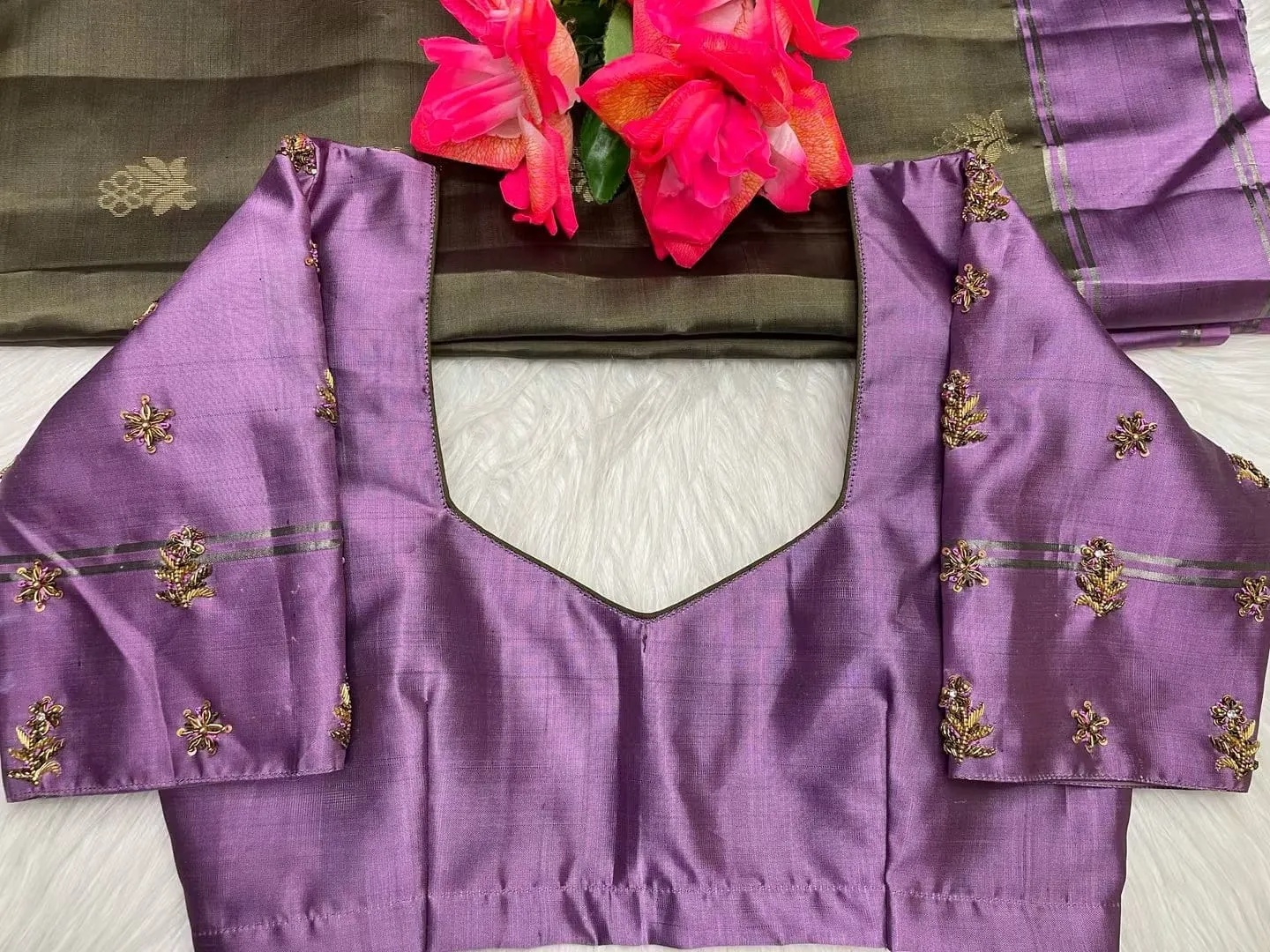 Lavender Hand Embroidered Designer Blouse with Floral Motifs | Ready-Made Saree Blouses 1