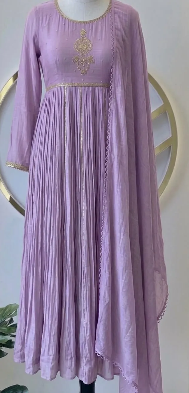 Lavender Pleated Anarkali Suit Set with Dupatta | Designer Ethnic Wear