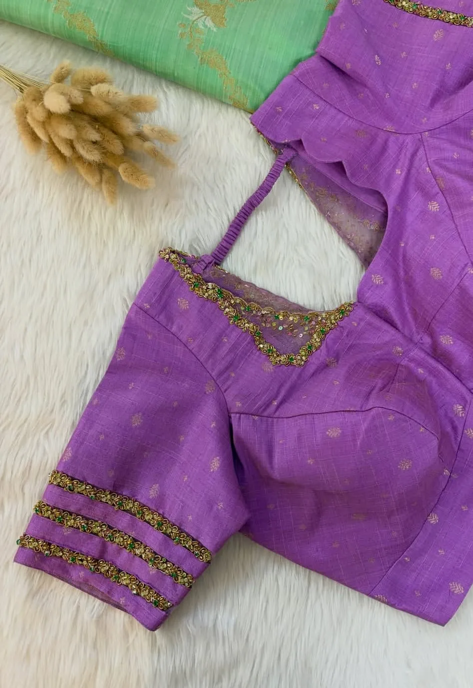 Lavender Raw Silk Maggam Work Blouse with Cold Shoulder Cutwork & Scallop Hem
