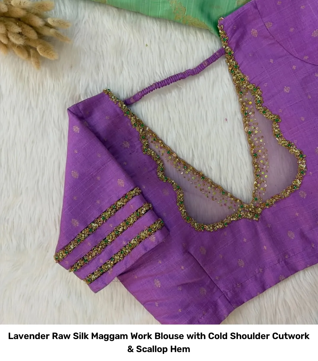 Lavender Raw Silk Maggam Work Blouse with Cold Shoulder Cutwork & Scallop Hem 2